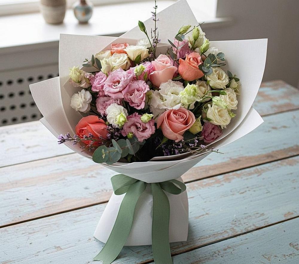 Букет цветов из: Розы, Лизиантусы и Гвоздики в Намцах